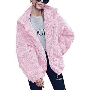 👑Women's Classic Pink Casual Fleece Zipper Oversized Outwear Coat Warm Jacket